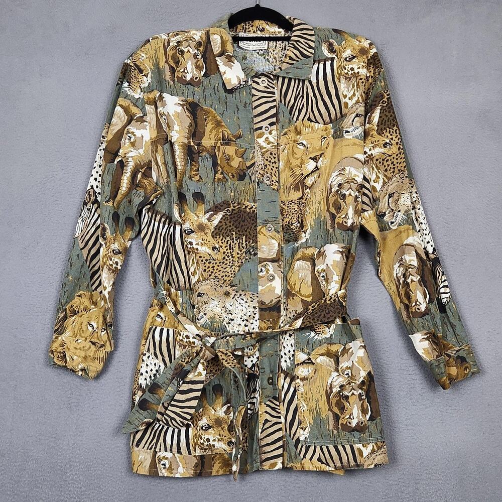 Muhle Jacket Womens Large Multicolor Safari Animal Print Belted Canvas Handmade